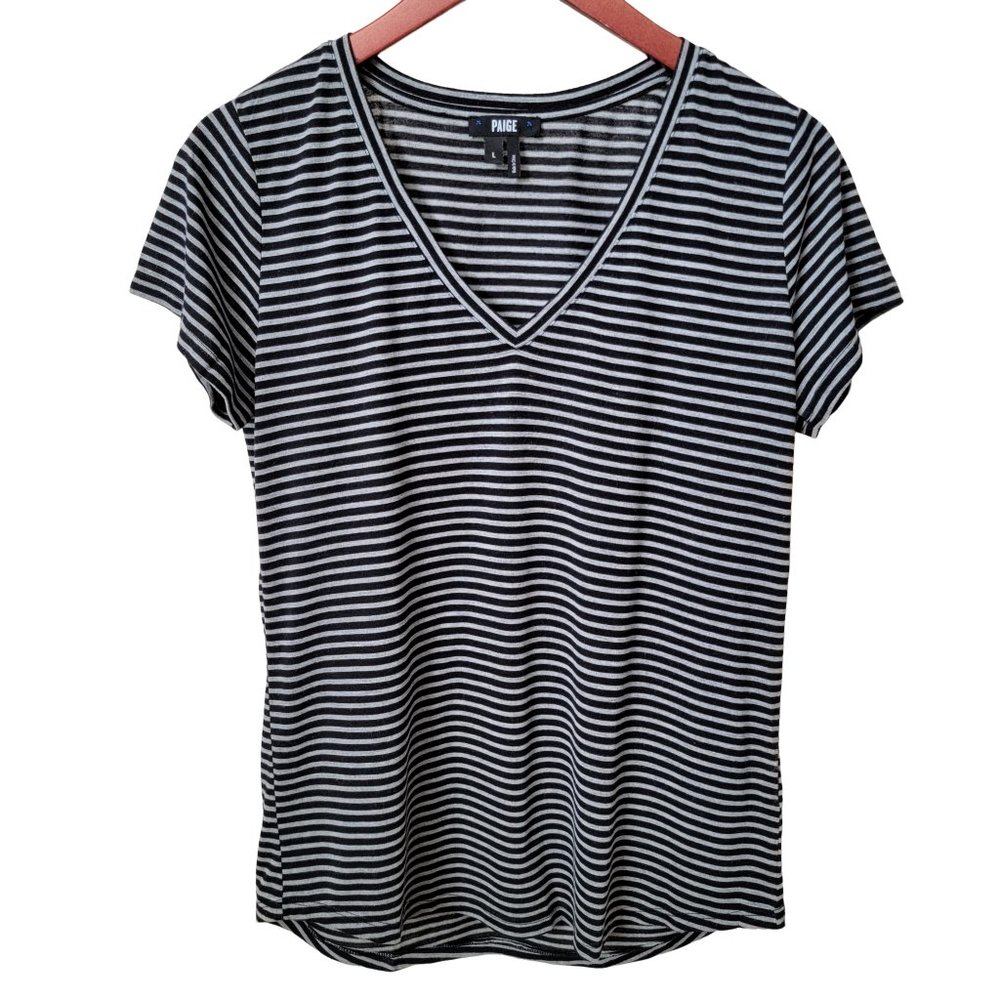 PAIGE Black and White Striped V-Neck Short Sleeve Tee